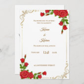 Elegant Red Rose Engagement Invitation with Gold C 招待状 (正面/裏面)