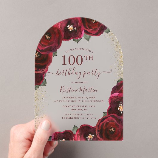 Elegant Red Rose Floral Arch 100th Birthday Party アクリル招待状 (インサイチュ (ポータブル))