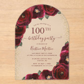Elegant Red Rose Floral Arch 100th Birthday Party アクリル招待状 (正面)