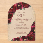 Elegant Red Rose Floral Arch 90th Birthday Party アクリル招待状 (正面)