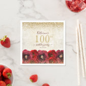 Elegant Red Rose Floral Gold 100th Birthday Party スタンダードカクテルナプキン (インサイチュ)
