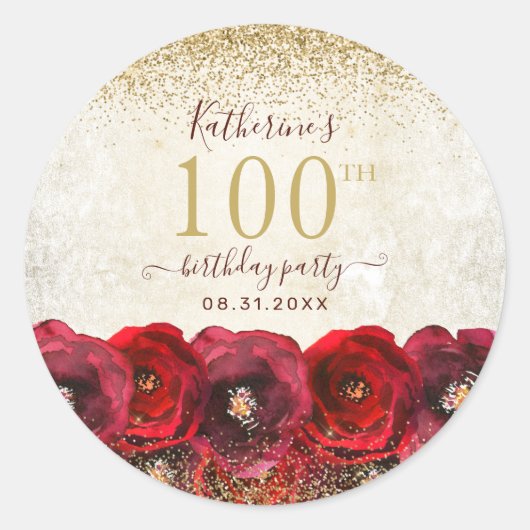 Elegant Red Rose Floral Gold 100th Birthday Party ラウンドシール (正面)
