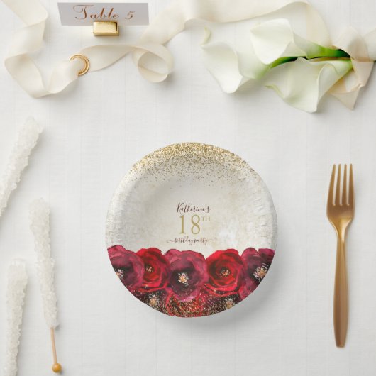 Elegant Red Rose Floral Gold 18th Birthday Party ペーパーボウル (ウェディング)