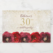 Elegant Red Rose Floral Gold 30th Birthday Party スパークリングワインラベル (シングルラベル)
