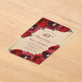 Elegant Red Rose Floral Gold 40th Anniversary アクリル招待状 (レイダウン)