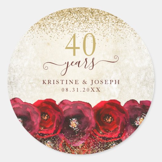Elegant Red Rose Floral Gold 40th Anniversary ラウンドシール (正面)