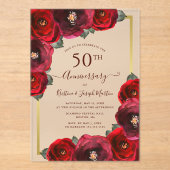 Elegant Red Rose Floral Gold 50th Anniversary アクリル招待状 (正面)