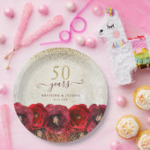 Elegant Red Rose Floral Gold 50th Anniversary ペーパープレート (パーティー)