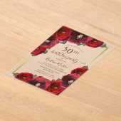Elegant Red Rose Floral Gold 50th Birthday Party アクリル招待状 (レイダウン)