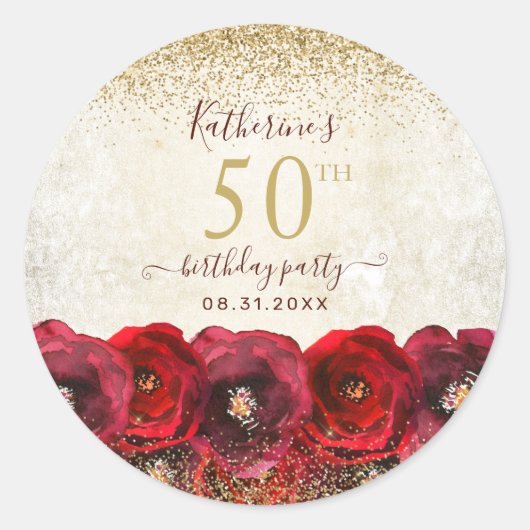 Elegant Red Rose Floral Gold 50th Birthday Party ラウンドシール (正面)