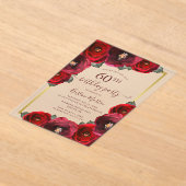 Elegant Red Rose Floral Gold 60th Birthday Party アクリル招待状 (レイダウン)