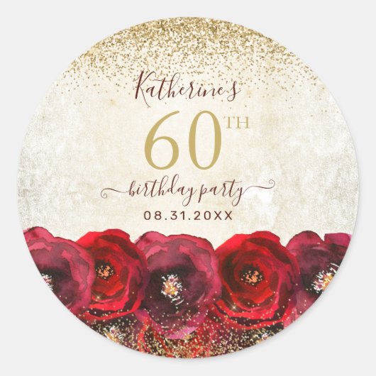 Elegant Red Rose Floral Gold 60th Birthday Party ラウンドシール (正面)