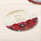 Elegant Red Rose Floral Gold 60th Birthday Party ラウンドペーパーコースター (アングル)