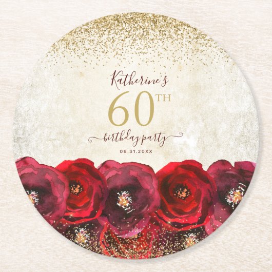 Elegant Red Rose Floral Gold 60th Birthday Party ラウンドペーパーコースター (正面)