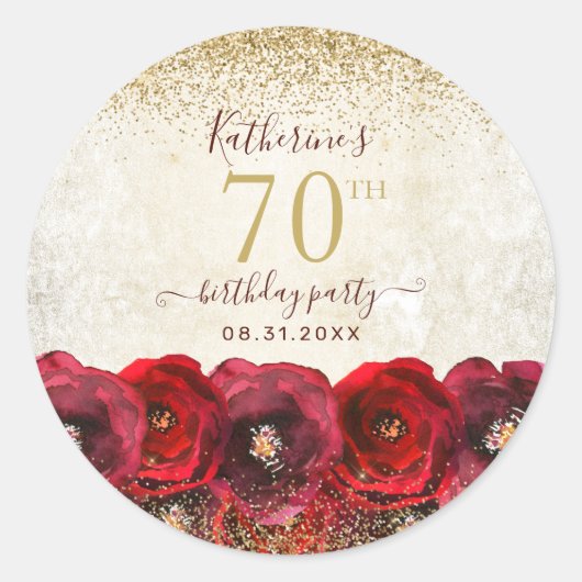 Elegant Red Rose Floral Gold 70th Birthday Party ラウンドシール (正面)