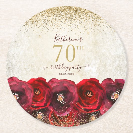 Elegant Red Rose Floral Gold 70th Birthday Party ラウンドペーパーコースター (正面)