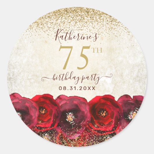Elegant Red Rose Floral Gold 75th Birthday Party ラウンドシール (正面)