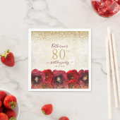Elegant Red Rose Floral Gold 80th Birthday Party スタンダードカクテルナプキン (インサイチュ)