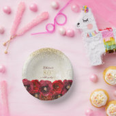 Elegant Red Rose Floral Gold 80th Birthday Party ペーパーボウル (パーティー)