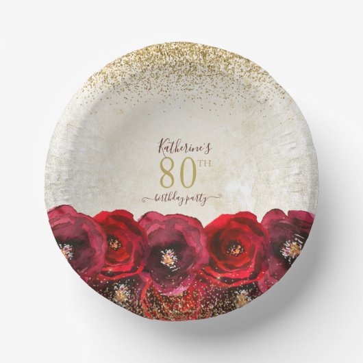 Elegant Red Rose Floral Gold 80th Birthday Party ペーパーボウル (正面)