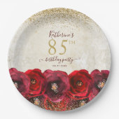 Elegant Red Rose Floral Gold 85th Birthday Party ペーパープレート (正面)