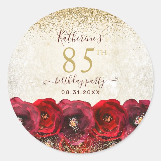 Elegant Red Rose Floral Gold 85th Birthday Party ラウンドシール (正面)