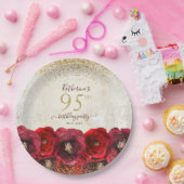 Elegant Red Rose Floral Gold 95th Birthday Party ペーパープレート (パーティー)