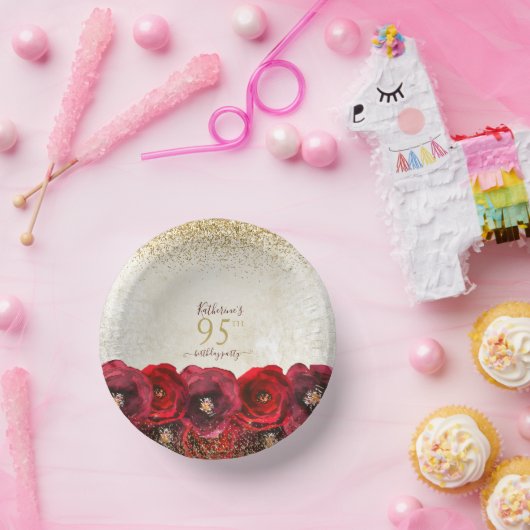 Elegant Red Rose Floral Gold 95th Birthday Party ペーパーボウル (パーティー)