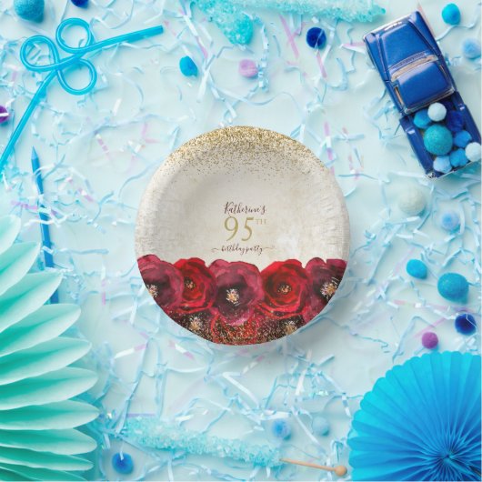 Elegant Red Rose Floral Gold 95th Birthday Party ペーパーボウル (パーティー)