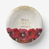 Elegant Red Rose Floral Gold 95th Birthday Party ペーパーボウル (正面)