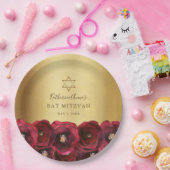 Elegant Red Rose Floral Gold Bat Mitzvah ペーパープレート (パーティー)