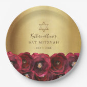 Elegant Red Rose Floral Gold Bat Mitzvah ペーパープレート (正面)
