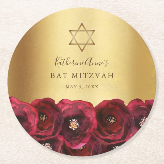 Elegant Red Rose Floral Gold Bat Mitzvah ラウンドペーパーコースター (正面)