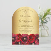 Elegant Red Rose Floral Gold Bat Mitzvah 招待状 (スタンド正面)