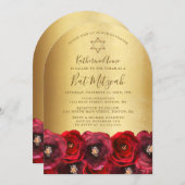 Elegant Red Rose Floral Gold Bat Mitzvah 招待状 (正面/裏面)