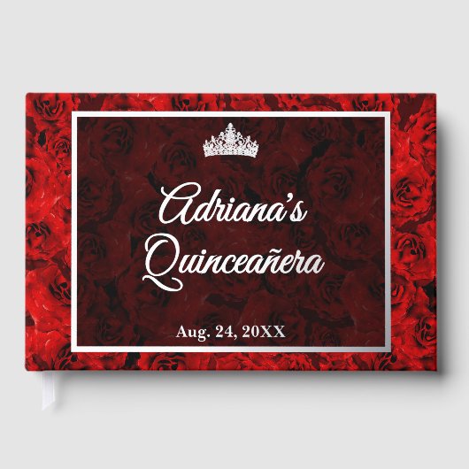 Elegant Red Rose Floral Quinceanera Silver ゲストブック (正面)