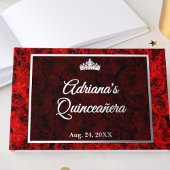 Elegant Red Rose Floral Quinceanera Silver ゲストブック