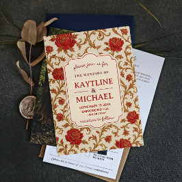 Elegant Red Rose Floral Vintage Gold Scrollwork 招待状