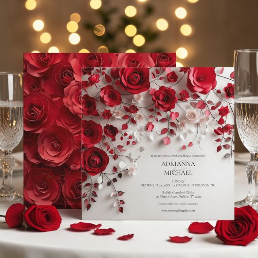 Elegant Red Rose Floral Wedding Invitation 招待状