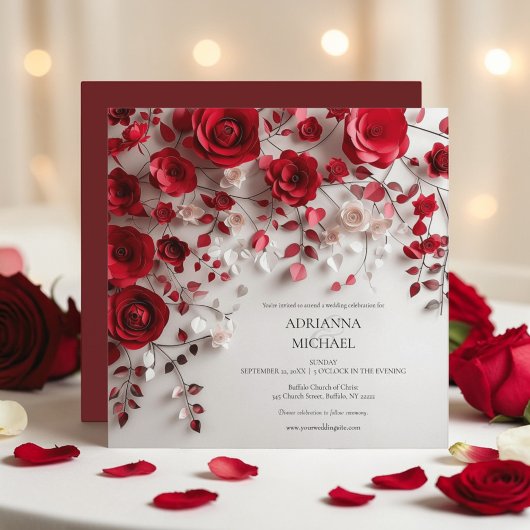 Elegant Red Rose Floral Wedding Invitation 招待状