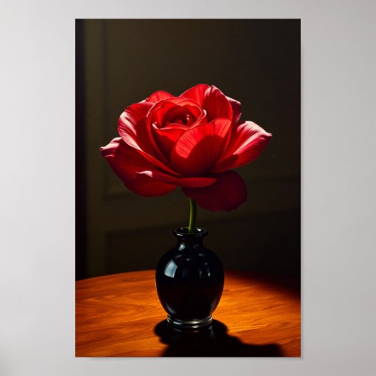 Elegant Red Rose in Black Vase Art ポスター (正面)