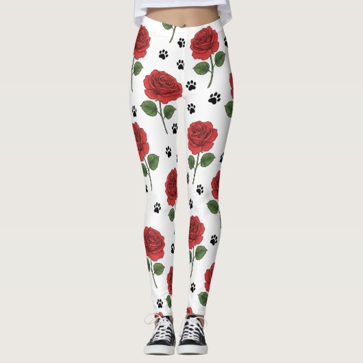 Elegant Red Rose & Playful Paw Print Leggings レギンス (正面)