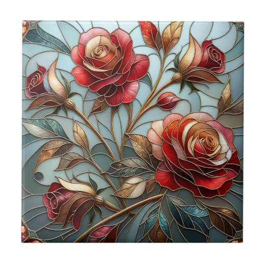 Elegant Red Rose Stained Glass Floral Gold Accent  タイル (正面)