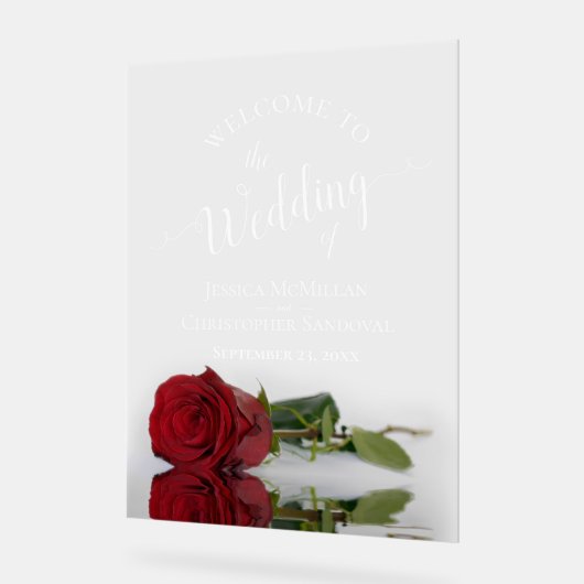 Elegant Red Rose White Text Wedding Welcome アクリルサイン (傾斜)
