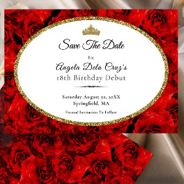 Elegant Red Roses and Gold 18th Birthday Debut セーブザデート