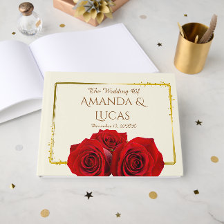 Elegant Red Roses and Gold Frame Cream Wedding ゲストブック