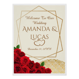 Elegant Red Roses and Gold Frame Cream Wedding ポスター