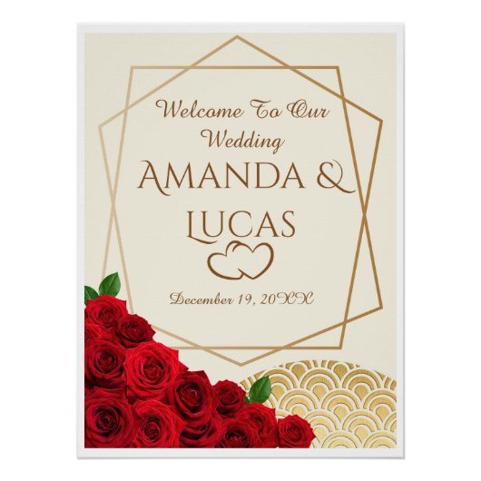 Elegant Red Roses and Gold Frame Cream Wedding ポスター (正面)