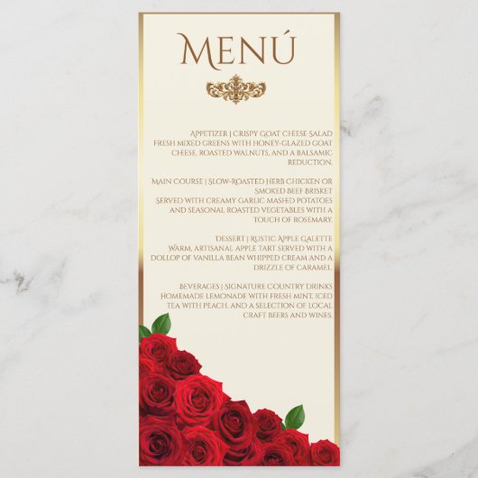 Elegant Red Roses and Gold Frame Cream Wedding メニュー (正面)