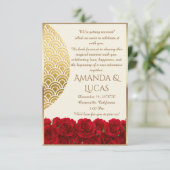 Elegant Red Roses and Gold Frame Cream Wedding 招待状 (スタンド正面)